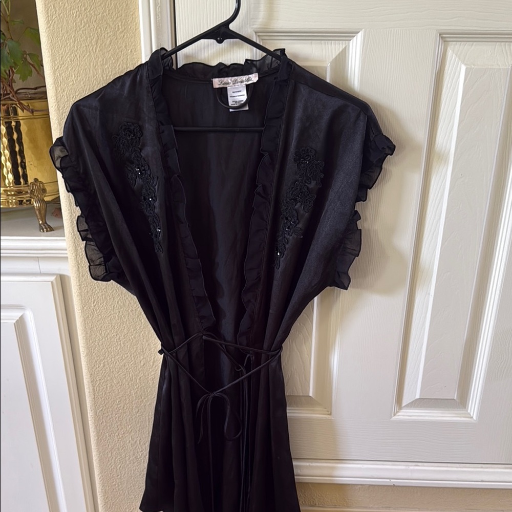 Linea Donatella Black satin Chemise with V-Neckline and ruffles
